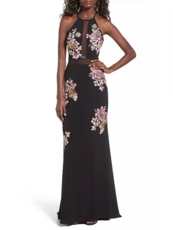 Xscape Dresses & Skirts - Xscape black halter gown pink and metallic floral embroidery mesh cutouts SZ 10